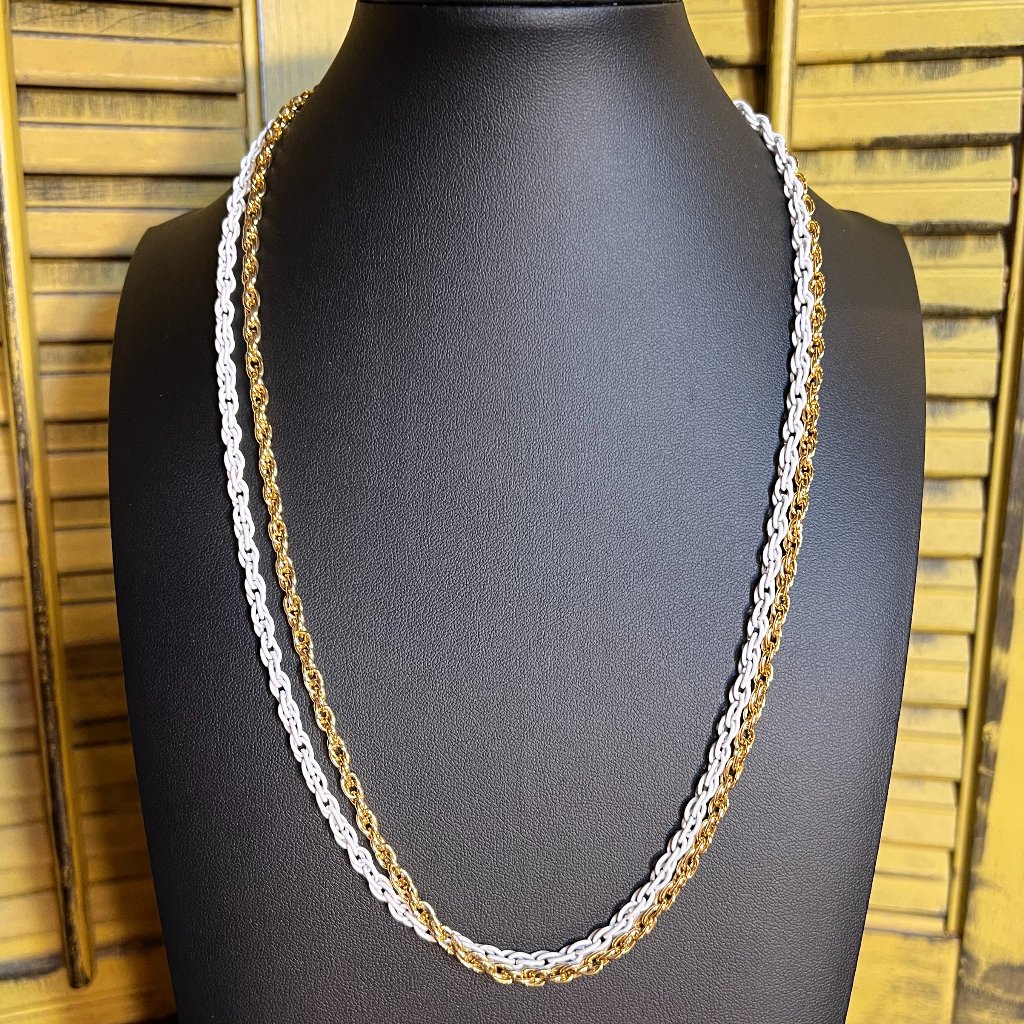 Vintage Roget Goldtone And White Enamel Double Rope Necklace